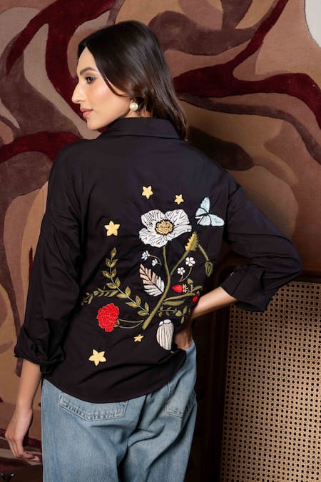 Buy Saangi Black Cotton Embroidery Collared Floral Back Shirt Online at Aza Fashions Buy_Saangi_Black Cotton Embroidery Collared Floral Back Shirt_Online_at_Aza_Fashions