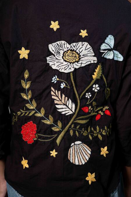 Saangi Black Cotton Embroidery Collared Floral Back Shirt at Aza Fashions Saangi_Black Cotton Embroidery Collared Floral Back Shirt_at_Aza_Fashions