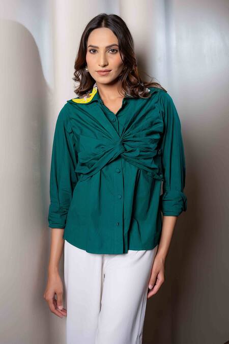 Shop Saangi Green Cotton Beads Collared Embroidered Twisted Bodice Shirt at Aza Fashions Shop_Saangi_Green Cotton Beads Collared Embroidered Twisted Bodice Shirt_at_Aza_Fashions