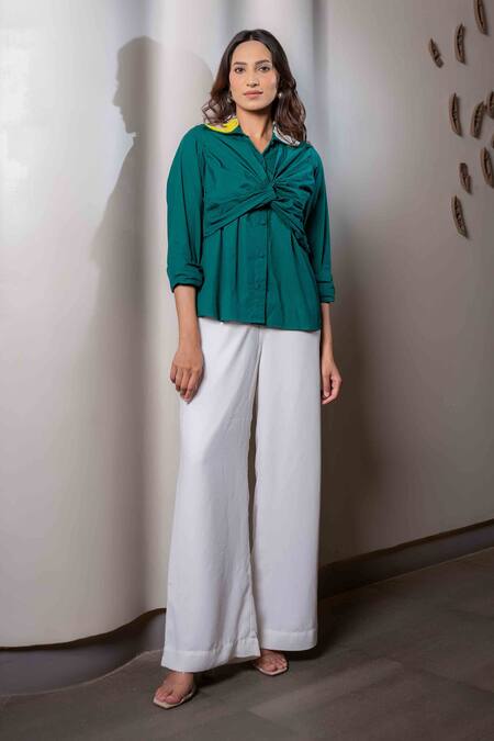 Saangi Green Cotton Beads Collared Embroidered Twisted Bodice Shirt Online at Aza Fashions Saangi_Green Cotton Beads Collared Embroidered Twisted Bodice Shirt_Online_at_Aza_Fashions