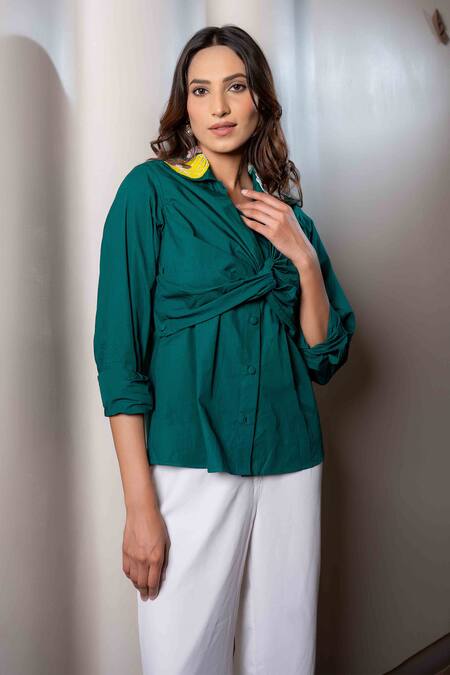 Buy Saangi Green Cotton Beads Collared Embroidered Twisted Bodice Shirt Online at Aza Fashions Buy_Saangi_Green Cotton Beads Collared Embroidered Twisted Bodice Shirt_Online_at_Aza_Fashions