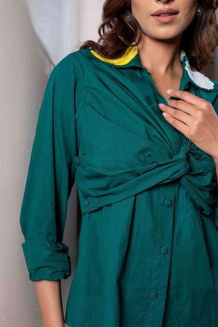 Shop Saangi Green Cotton Beads Collared Embroidered Twisted Bodice Shirt Online at Aza Fashions Shop_Saangi_Green Cotton Beads Collared Embroidered Twisted Bodice Shirt_Online_at_Aza_Fashions