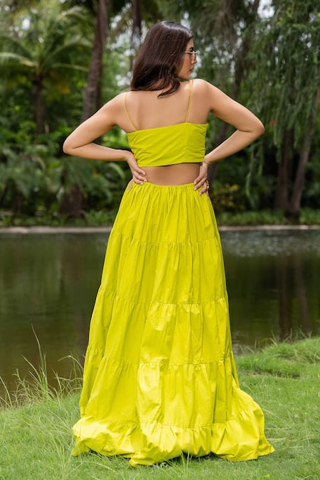 Shop_Saangi_Green Cotton Square Neck Pure Solid Tiered Dress _at_Aza_Fashions