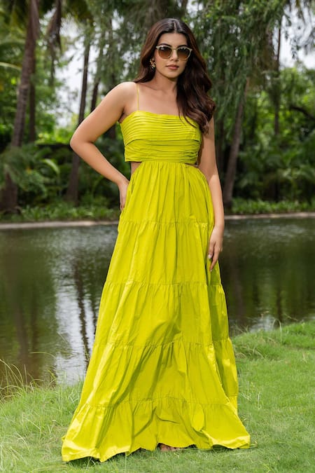 Saangi_Green Cotton Square Neck Pure Solid Tiered Dress _Online_at_Aza_Fashions