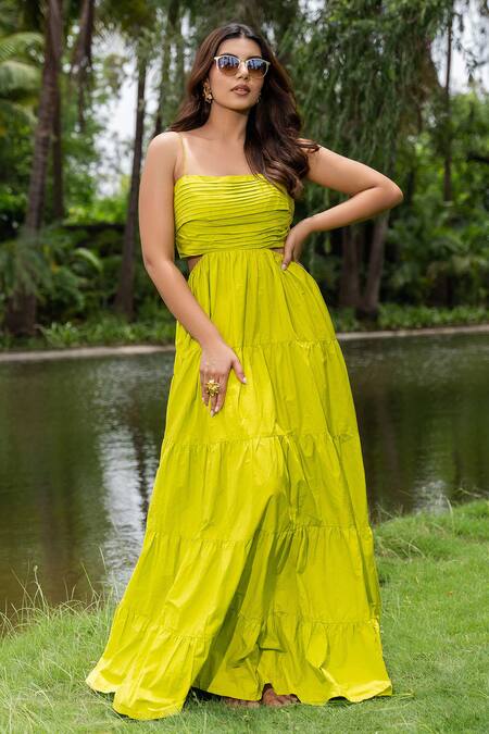 Shop_Saangi_Green Cotton Square Neck Pure Solid Tiered Dress _Online_at_Aza_Fashions