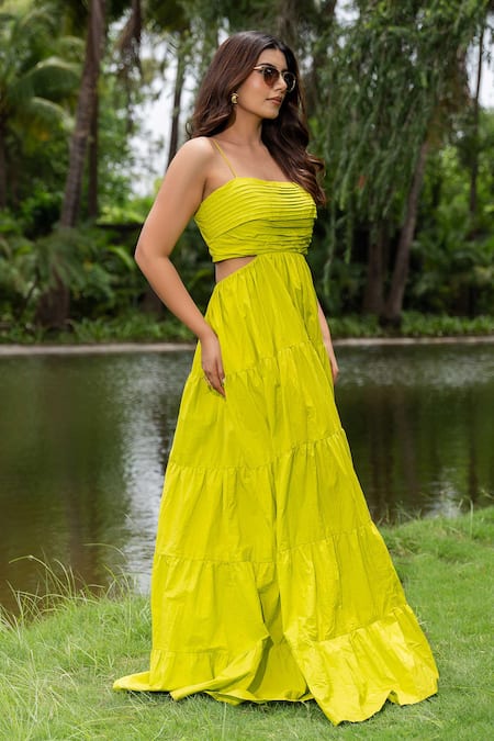 Saangi_Green Cotton Square Neck Pure Solid Tiered Dress _at_Aza_Fashions