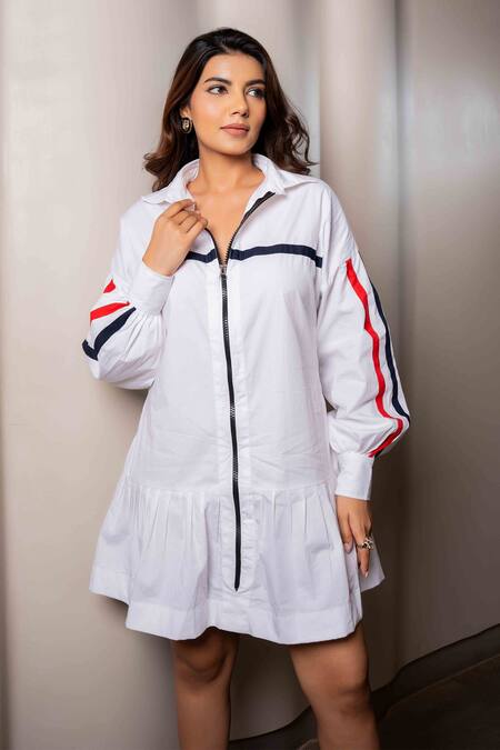 Shop_Saangi_White Cotton Collared Stripe Pattern Pleated Dress_Online_at_Aza_Fashions