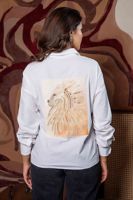 Shop Saangi White Cotton Pearls, Beads Collared Lion Embroidered Back Shirt at Aza Fashions Shop_Saangi_White Cotton Pearls, Beads Collared Lion Embroidered Back Shirt_at_Aza_Fashions