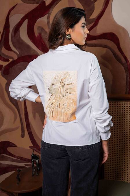 Buy Saangi White Cotton Pearls, Beads Collared Lion Embroidered Back Shirt Online at Aza Fashions Buy_Saangi_White Cotton Pearls, Beads Collared Lion Embroidered Back Shirt_Online_at_Aza_Fashions