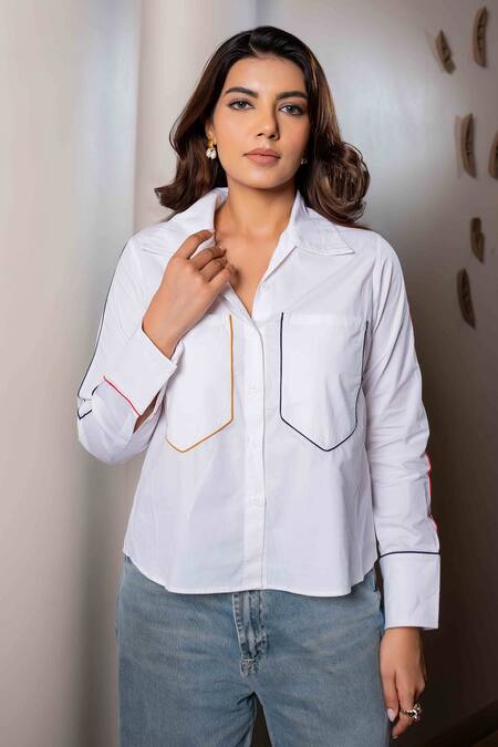 Buy Saangi White Cotton Collared Solid Front Button Down Shirt Online at Aza Fashions Buy_Saangi_White Cotton Collared Solid Front Button Down Shirt_Online_at_Aza_Fashions