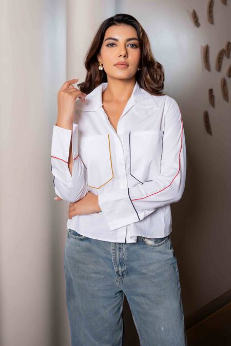 Shop Saangi White Cotton Collared Solid Front Button Down Shirt Online at Aza Fashions Shop_Saangi_White Cotton Collared Solid Front Button Down Shirt_Online_at_Aza_Fashions