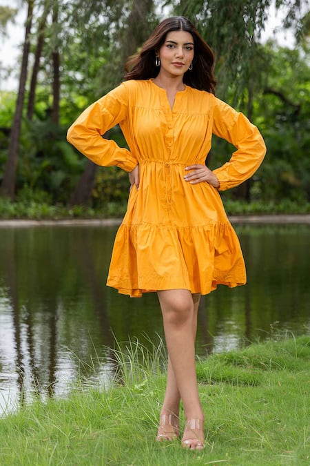 saangi by shubhangi Yellow Pure Cotton Round Solid Gathered Dress 