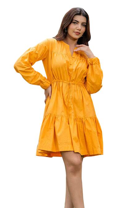 Buy_Saangi_Yellow Cotton Round Neck Pure Solid Gathered Dress_Online_at_Aza_Fashions