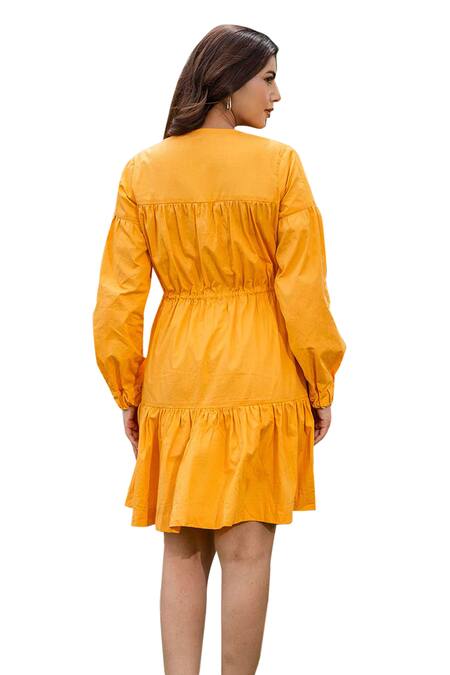 Shop_Saangi_Yellow Cotton Round Neck Pure Solid Gathered Dress_Online_at_Aza_Fashions