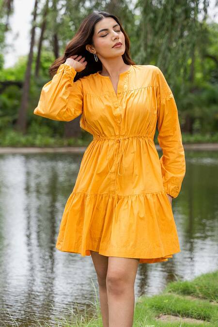 Buy_Saangi_Yellow Cotton Round Neck Pure Solid Gathered Dress