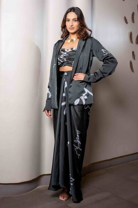 Buy_Saangi_Black Satin, Silk Sweetheart Neck Doodle Print Blazer And Draped Skirt Set