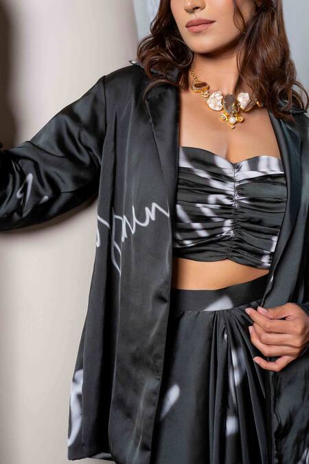 Shop_Saangi_Black Satin, Silk Sweetheart Neck Doodle Print Blazer And Draped Skirt Set