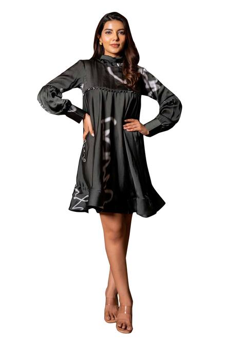 Saangi Black Satin Bandeau Neck Doodle Print Back Tie Up Dress Online at Aza Fashions Saangi_Black Satin Bandeau Neck Doodle Print Back Tie Up Dress_Online_at_Aza_Fashions