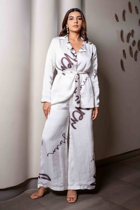 Saangi_White Satin Doodle Print Lapel Collar Blazer With Flared Pant_Online_at_Aza_Fashions