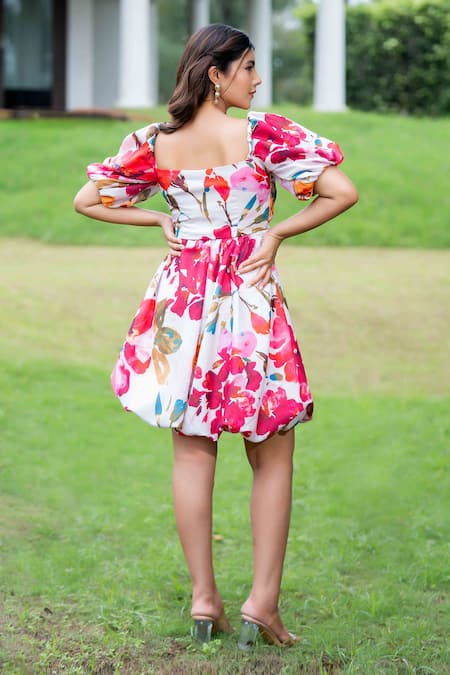 Shop Saangi Multi Color Cotton, Linen Watercolor Floral Print Pleated Bubble Dress at Aza Fashions Shop_Saangi_Multi Color Cotton, Linen Watercolor Floral Print Pleated Bubble Dress_at_Aza_Fashions