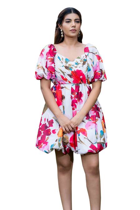 Buy Saangi Multi Color Cotton, Linen Watercolor Floral Print Pleated Bubble Dress Online at Aza Fashions Buy_Saangi_Multi Color Cotton, Linen Watercolor Floral Print Pleated Bubble Dress_Online_at_Aza_Fashions