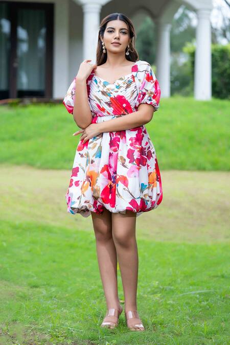 Shop Saangi Multi Color Cotton, Linen Watercolor Floral Print Pleated Bubble Dress Online at Aza Fashions Shop_Saangi_Multi Color Cotton, Linen Watercolor Floral Print Pleated Bubble Dress_Online_at_Aza_Fashions