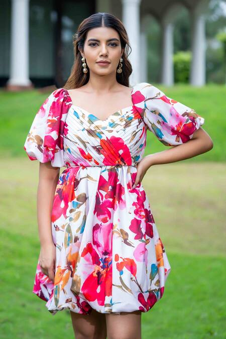 Buy Saangi Multi Color Cotton, Linen Watercolor Floral Print Pleated Bubble Dress Buy_Saangi_Multi Color Cotton, Linen Watercolor Floral Print Pleated Bubble Dress