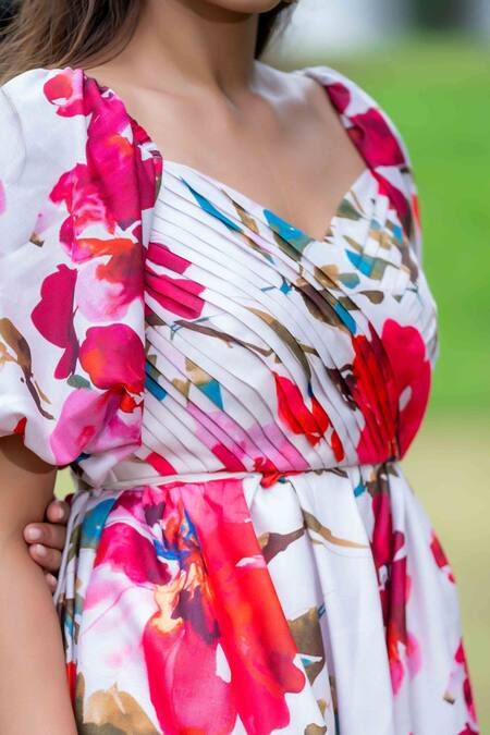 Shop Saangi Multi Color Cotton, Linen Watercolor Floral Print Pleated Bubble Dress Shop_Saangi_Multi Color Cotton, Linen Watercolor Floral Print Pleated Bubble Dress
