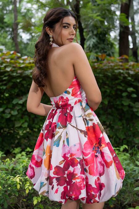 Shop Saangi Multi Color Cotton, Linen Halter Neck Watercolor Floral Print Bubble Dress at Aza Fashions Shop_Saangi_Multi Color Cotton, Linen Halter Neck Watercolor Floral Print Bubble Dress_at_Aza_Fashions