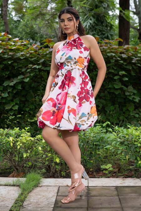 Shop Saangi Multi Color Cotton, Linen Halter Neck Watercolor Floral Print Bubble Dress Shop_Saangi_Multi Color Cotton, Linen Halter Neck Watercolor Floral Print Bubble Dress