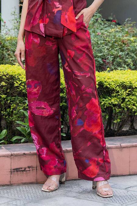 Saangi Wine Cotton Collared Floral Print Overlap Waistcoat With Pant Online at Aza Fashions Saangi_Wine Cotton Collared Floral Print Overlap Waistcoat With Pant_Online_at_Aza_Fashions