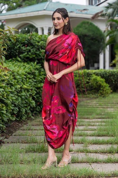 saangi by shubhangi Wine Chinon Print Floral One Shoulder Ruched Drawstring Dress 