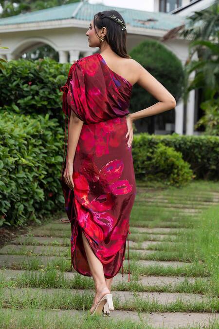 Shop_Saangi_Wine Chiffon One Shoulder Floral Print Ruched Drawstring Dress_at_Aza_Fashions