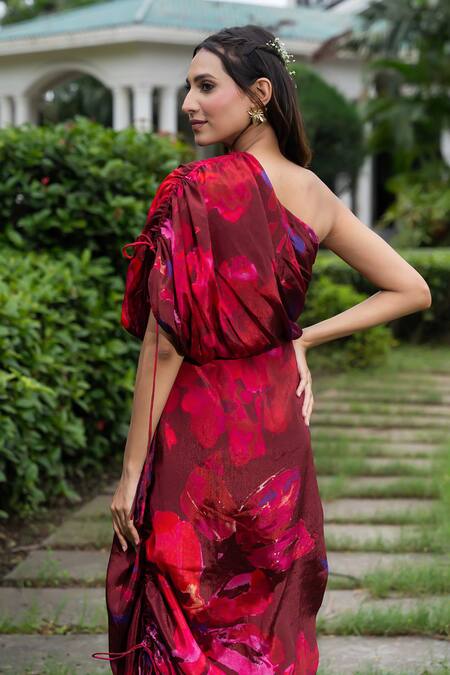 Buy_Saangi_Wine Chiffon One Shoulder Floral Print Ruched Drawstring Dress_Online_at_Aza_Fashions