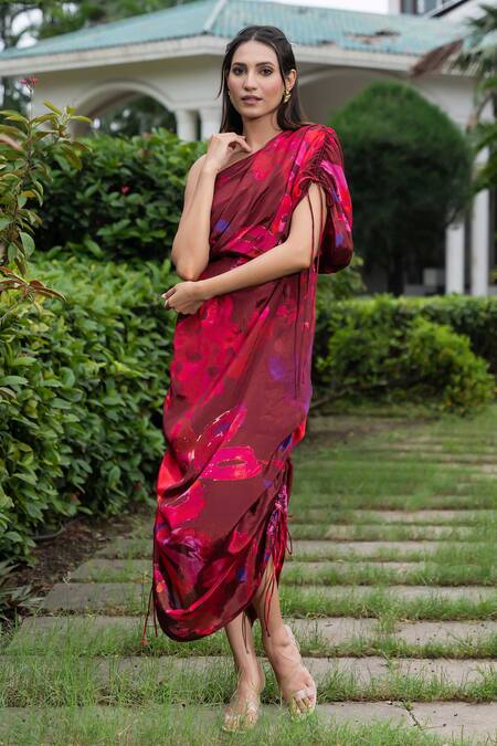 Shop_Saangi_Wine Chiffon One Shoulder Floral Print Ruched Drawstring Dress_Online_at_Aza_Fashions