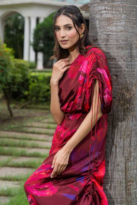 Saangi_Wine Chiffon One Shoulder Floral Print Ruched Drawstring Dress_at_Aza_Fashions