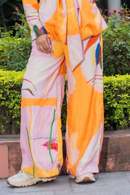 Saangi Multi Color Cotton Abstract Hand Painted Overlap Blazer With Flared Pant Online at Aza Fashions Saangi_Multi Color Cotton Abstract Hand Painted Overlap Blazer With Flared Pant_Online_at_Aza_Fashions