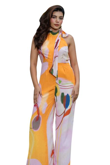 Buy Saangi Multi Color Crepe Bandeau Neck Abstract Hand Painted Tie Up Jumpsuit Online at Aza Fashions Buy_Saangi_Multi Color Crepe Bandeau Neck Abstract Hand Painted Tie Up Jumpsuit_Online_at_Aza_Fashions