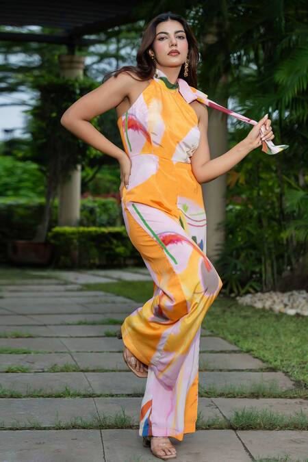 Buy Saangi Multi Color Crepe Bandeau Neck Abstract Hand Painted Tie Up Jumpsuit Buy_Saangi_Multi Color Crepe Bandeau Neck Abstract Hand Painted Tie Up Jumpsuit