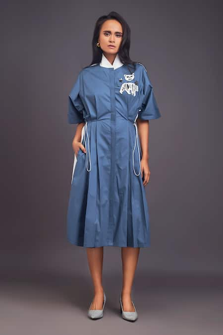 Deepika Arora Blue 100% Cotton Solid Patchwork High Neck Cat Pleated Shirt Dress 