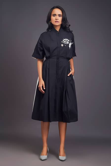 Deepika Arora Black 100% Cotton Solid Patchwork High Neck Deer Oversized Shirt Dress 