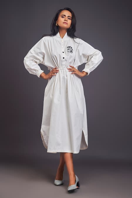 Deepika Arora White 100% Cotton Solid Patchwork High Neck Cheeta Oversized Shirt Dress 