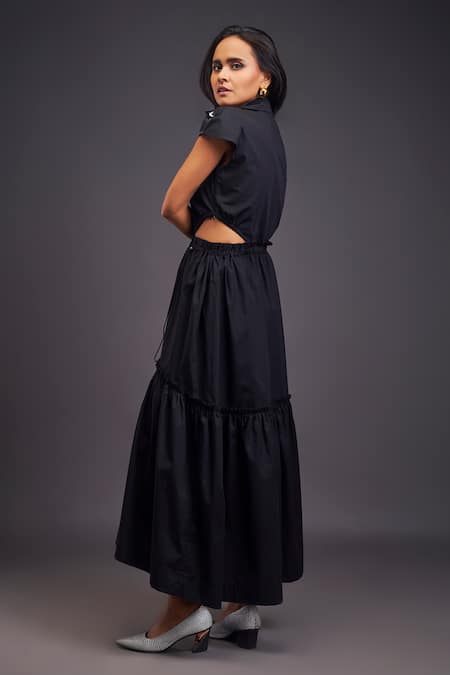 Shop Deepika Arora Black Cotton Embroidery Collared Solid Tiered Long Dress at Aza Fashions Shop_Deepika Arora_Black Cotton Embroidery Collared Solid Tiered Long Dress _at_Aza_Fashions