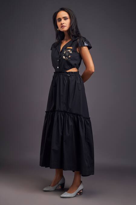 Deepika Arora Black Cotton Embroidery Collared Solid Tiered Long Dress Online at Aza Fashions Deepika Arora_Black Cotton Embroidery Collared Solid Tiered Long Dress _Online_at_Aza_Fashions