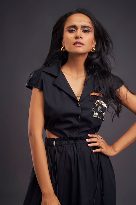 Shop Deepika Arora Black Cotton Embroidery Collared Solid Tiered Long Dress Online at Aza Fashions Shop_Deepika Arora_Black Cotton Embroidery Collared Solid Tiered Long Dress _Online_at_Aza_Fashions
