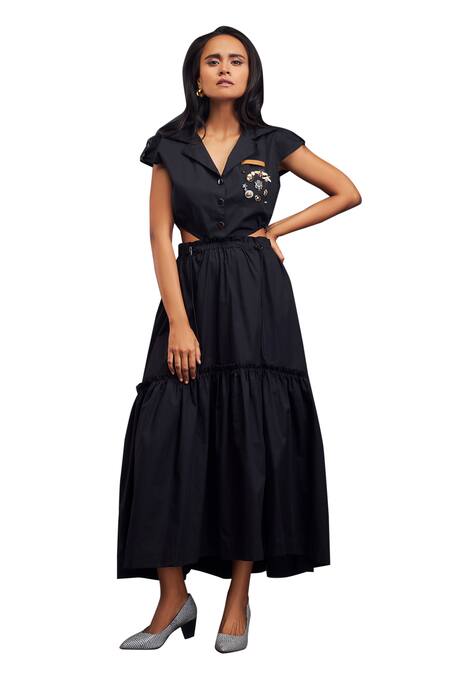 Deepika Arora Black Cotton Embroidery Collared Solid Tiered Long Dress at Aza Fashions Deepika Arora_Black Cotton Embroidery Collared Solid Tiered Long Dress _at_Aza_Fashions