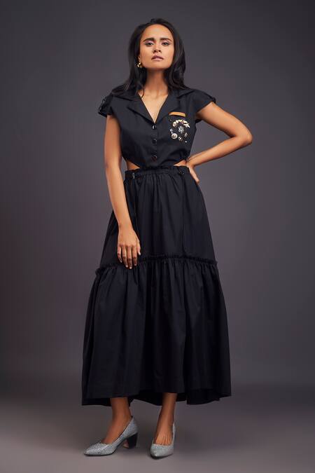 Buy Deepika Arora Black Cotton Embroidery Collared Solid Tiered Long Dress Buy_Deepika Arora_Black Cotton Embroidery Collared Solid Tiered Long Dress