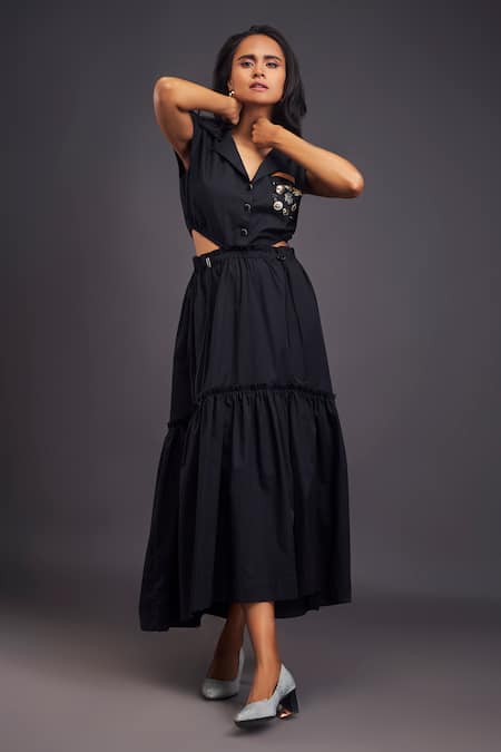 Shop Deepika Arora Black Cotton Embroidery Collared Solid Tiered Long Dress Shop_Deepika Arora_Black Cotton Embroidery Collared Solid Tiered Long Dress