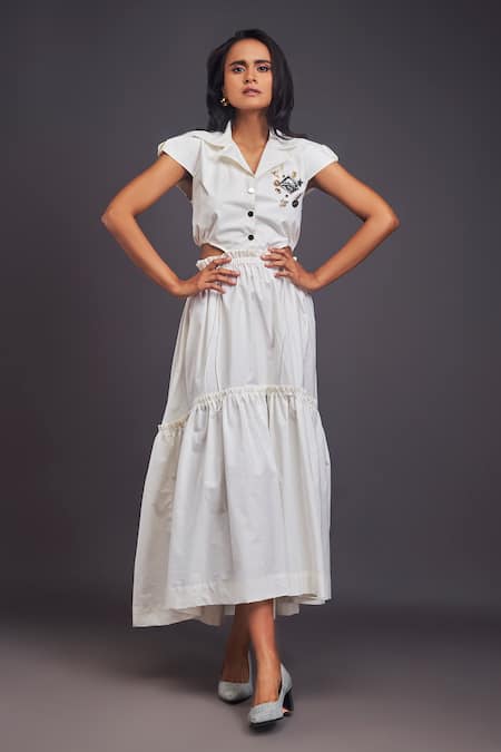 Deepika Arora White 100% Cotton Embellished Charms Notched Waist Cutout Tiered Maxi Dress 