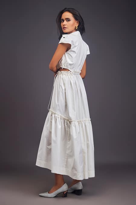 Shop Deepika Arora White Cotton Embroidery Collared Waist Cutout Tiered Maxi Dress at Aza Fashions Shop_Deepika Arora_White Cotton Embroidery Collared Waist Cutout Tiered Maxi Dress _at_Aza_Fashions